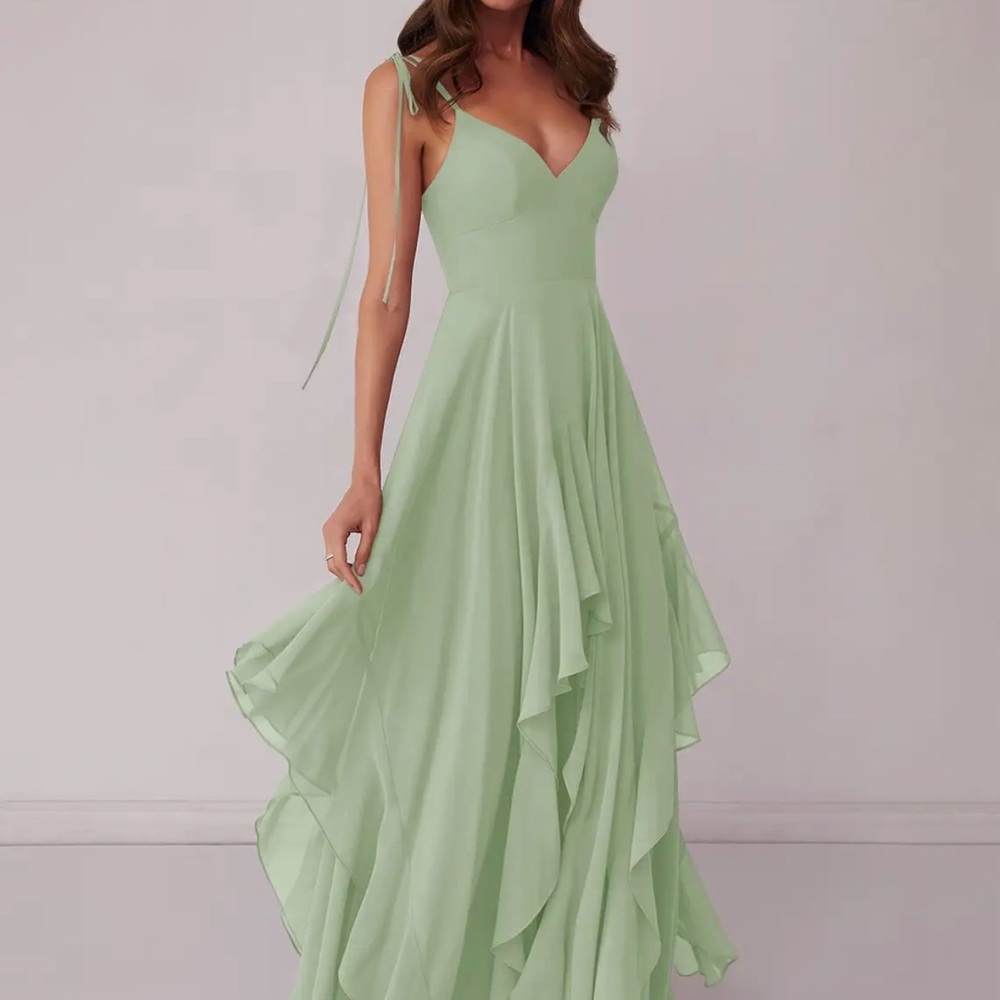 Azazie “Barbie” Dusty Sage A-line Bow Straps Chiffon Dress — Azazie 1004